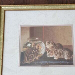 Vintage Curious Kittens Framed Print 15.5" x 17.5" Couldery Art "Fishing Party"